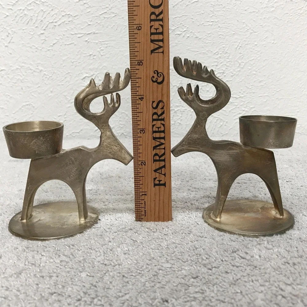 Pair of Silver Plated Brass Deer Reindeer‎ Tealight Votive Candle Holders